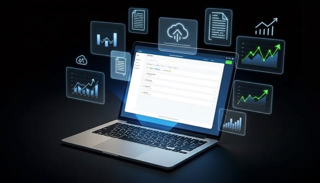 Laptop mit Buchhaltungssoftware und digitalen Icons für Automatisierung und Digitalisierung