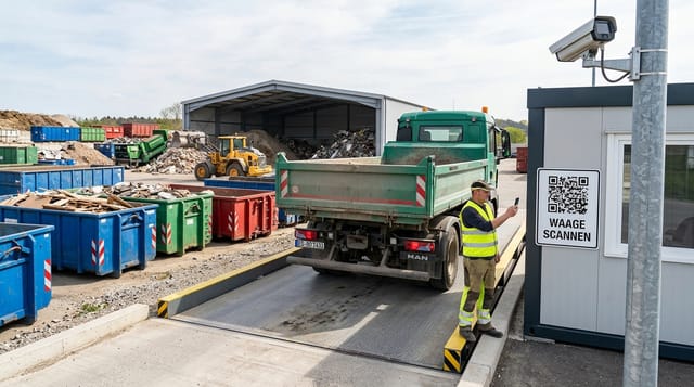 Photorealistic image of a truck scale at a recycling center. A driver in a high-visibility vest stands next to his tipper truck and scans a weatherproof QR code on a sign at the scale house with his smartphone. In the background, roll-off containers, an excavator, and piles of material are visible; above them, a clear sky and a license plate recognition camera on a mast.