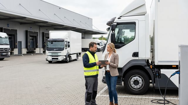 Ein Logistikmitarbeiter in Warnweste und eine Kollegin prüfen gemeinsam Daten auf einem Tablet neben einem weißen Elektro-LKW auf dem Betriebshof. Im Hintergrund sind Lagerhallen mit Laderampen und weitere E-LKW zu sehen.