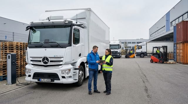 Ein Mercedes-Benz eActros Elektro-LKW steht an einer Ladesäule auf einem Logistik-Betriebshof. Zwei Mitarbeiter besprechen Daten auf einem Tablet. Im Hintergrund sind Europaletten, weitere LKW und Lagerhallen zu sehen.