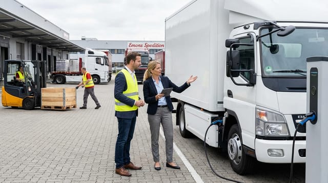 Ein Logistikmitarbeiter in gelber Warnweste und eine Disponentin besprechen die Einsatzplanung auf dem Betriebshof der Spedition Emons vor weißen Elektro-LKW. Im Hintergrund sind ein Gabelstapler und weitere Fahrzeuge zu sehen.