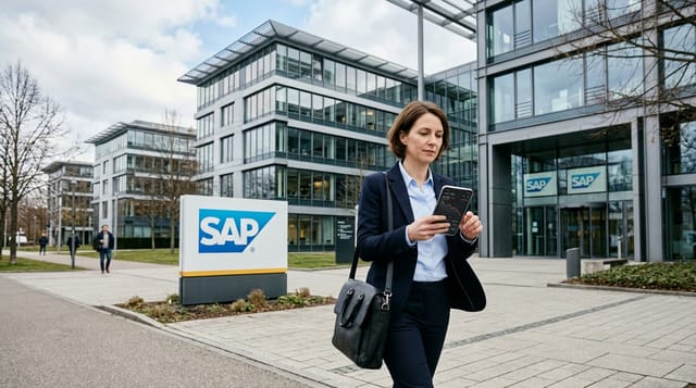 Eine fotorealistische Außenaufnahme zeigt eine Geschäftsfrau im Vordergrund, die auf ihr Smartphone blickt, während sie vor einem SAP-Bürogebäude in Walldorf geht. Sie trägt einen dunkelblauen Hosenanzug und eine schwarze Ledertasche. Der SAP-Schriftzug ist prominent auf einem großen Schild links und an der gläsernen Eingangstür rechts zu sehen. Das Smartphone-Display zeigt einen fallenden Börsenchart. Das Umfeld ist modern mit Betonwegen und kahlen Bäumen im Winter. Die Lichtstimmung ist natürlich bei Tageslicht.