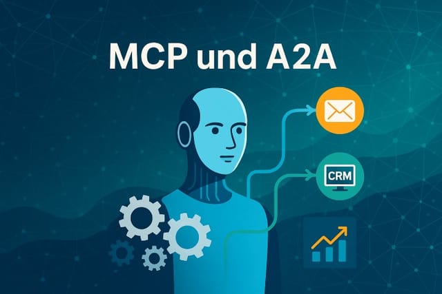MCP und A2A - KI-Agent vor Netzwerk-Hintergrund mit Symbolen für E-Mail, CRM und Datenanalyse