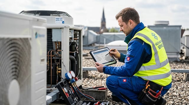 A photorealistic image shows a refrigeration and air conditioning service technician working on a flat roof. He is wearing blue work clothes, a neon yellow high-visibility vest labeled "KÄLTE-KLIMA SERVICE," and has tools within reach. The technician is crouching in front of a large, opened air conditioning unit, focused on using a tablet with a stylus. A digital maintenance mask is visible on the tablet. Next to him is a toolbox with measuring instruments. A sticker labeled "VDKF-LEC geprüfte Anlage" (VDKF-LEC tested system) can be seen on the unit. In the background, other roof elements and a church spire in the distance are visible under a clear sky. The scene is illuminated by natural daylight.